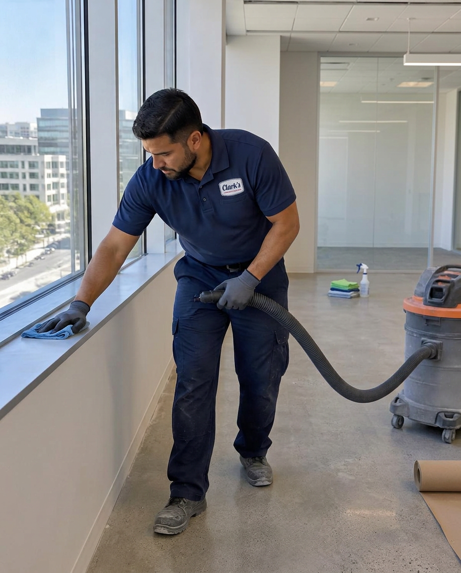 Clark's cleaner doing post-construction cleanup in a new office